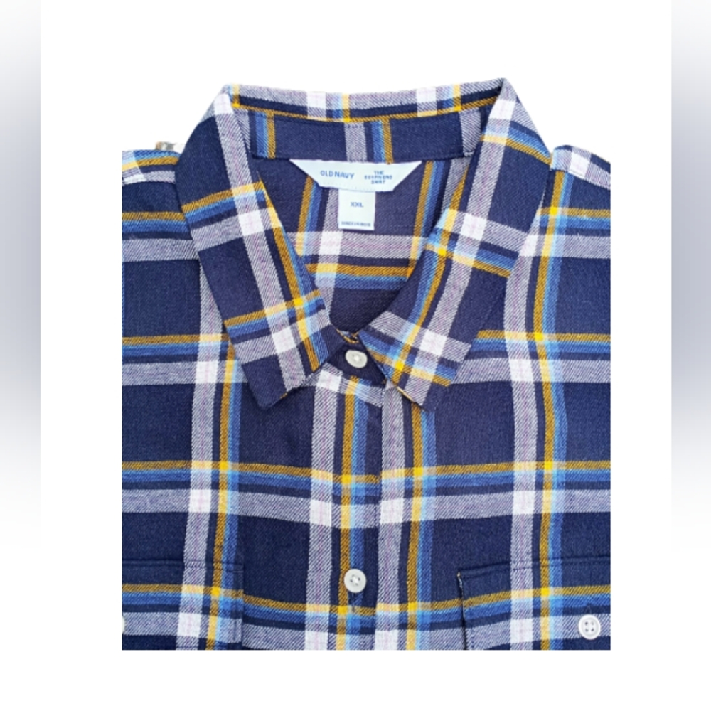 Old Navy Women’s Navy Plaid Button Down The Boyfriend Shirt XXL